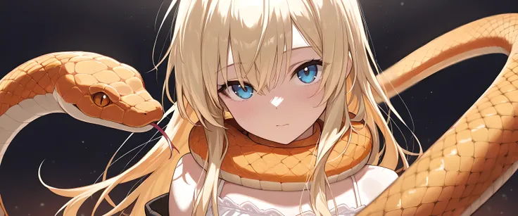 ((best quality)), ((masterpiece)), (detailed), perfect face, with orange snake, girl, blonde hair, orange snake around neck
