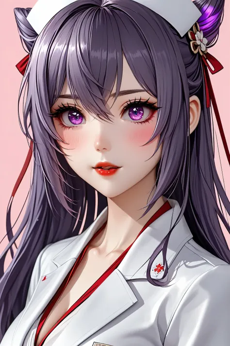 1 very young japanese girl, keqing from genshin impact, purple hair, purple eyes, length hair, blushing, Shy, Red lips, pale face, close up shot, Sweet, big breasts, vintage, elegant, sophisticated, big expressive eyes, ulzzang, high school girl、Slender、Sl...
