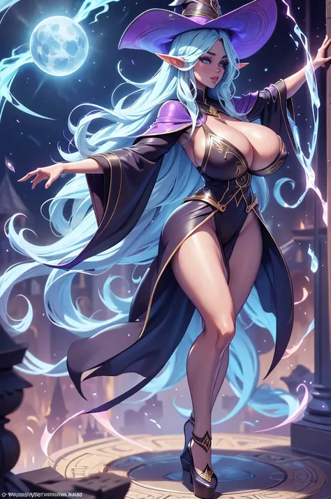 young extraordinary beautiful elf, mage,dancing on a table, long flowing hair, high fantasy, (huge breasts:1.0), bouncing breasts, skimpy mage robes, wide brim witch hat, exposed thighs,high heels, dense long eyelashes, 8k, hd , photo realistic, anatomical...