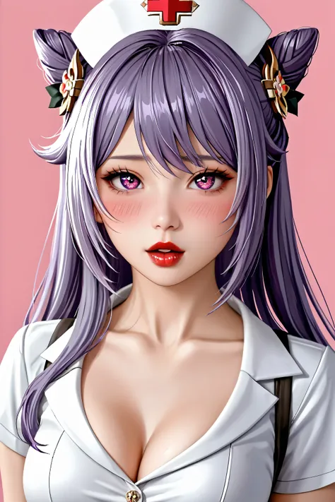 1 very young japanese girl, keqing from genshin impact, purple hair, purple eyes, length hair, blushing, Shy, Red lips, pale face, close up shot, Sweet, big breasts, best quality, ((masterpiece)), (detailed), vintage, elegant, chic, sophisticated, big expr...