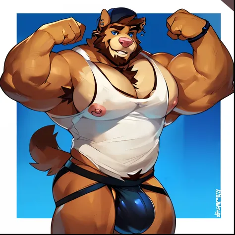 Solo, anthro, male (((domestic dog, blue eyes, black pupils, muscular, broad shoulders, huge pecs, thin waist, pink nipples, dark pink nose, brown body, brown fur, brown hair, muscular arms, muscular legs, tail, brown ears, ear piercings, beard, facial hai...