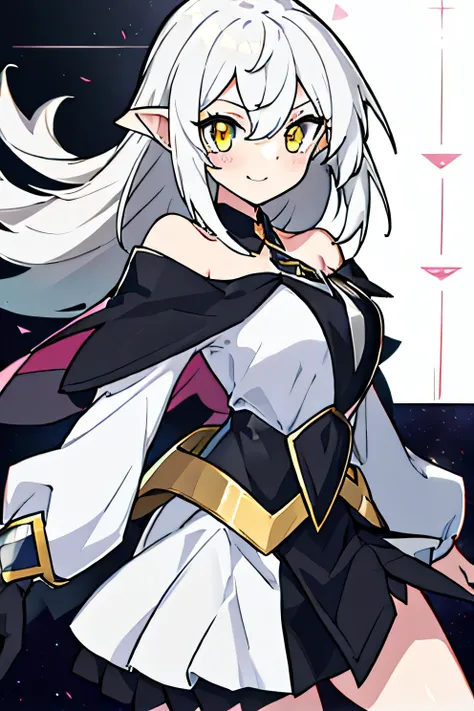  1 girl, One,  loose long hair,  yellow eyes,  white hair,  bare shoulders are visible, skirt, breast, cut off white sleeves, Long sleeves, hair scraps,  closed mouth, black skirt,  shirt ,  pointy ears ,  smile, большая breast и ляжки, 