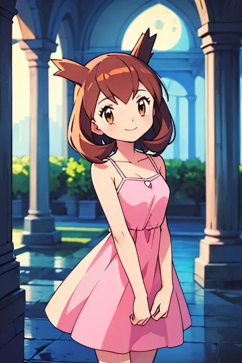 masterpiece, best quality, ultra-detailed, illustration, beautiful detailed eyes, very detailed illustration, cinematic lighting, 1 girl, solo, Pokemon Heroes (Bianca), Brown Hair, brown eyes, 1 girl, solo, sleeveless, collarbone, Pink Camisole dress, pink...