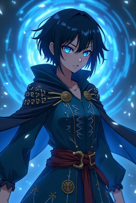 Warrior teenage girl with slightly angry expression of with short hair, anime-style space blue background with witch costume that exudes a lot of power and her eyes full of blue 