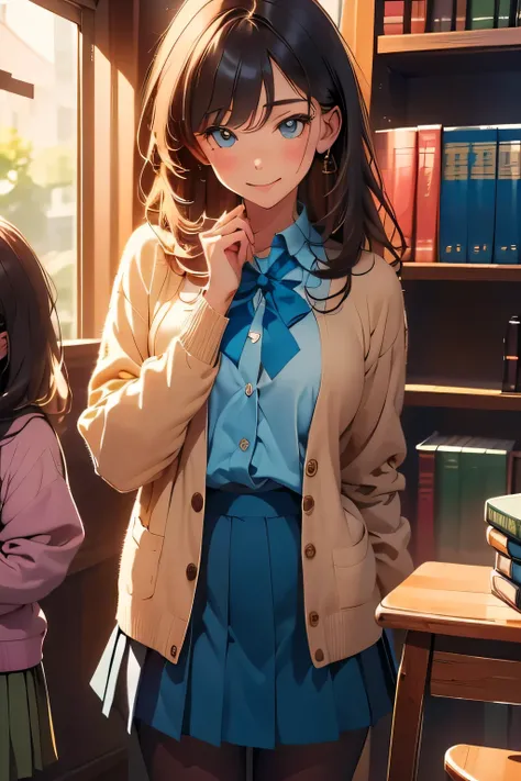  top quality、 high resolution、( high definition:1.2)、masterpiece、 detailed background、(Two age girls :1.4)、 big size、( Highly Detailed Face :1.2)、
Quiet Library、 secretly taking selfies between bookshelves 、JK's holding a book in front of their face 、 myst...