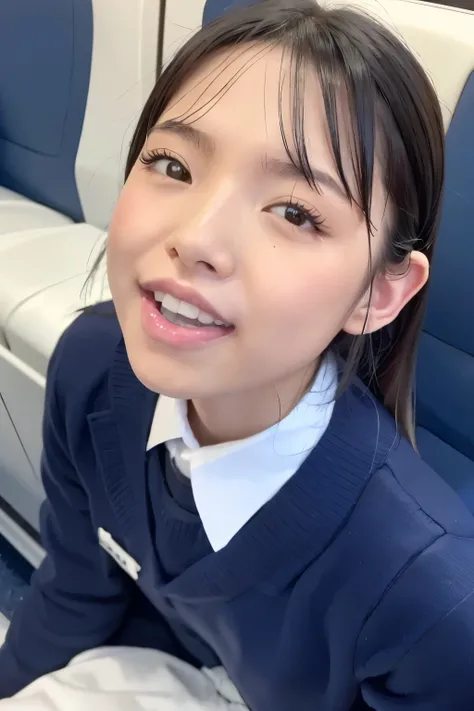  top quality, masterpiece,  super high resolution, (reality: 1.4),   original photo ,   cute Japanese girl , ,  matured, JK uniform in white , Happy smile, ,  crouching on the train seat,  Cinema Lighting, {pmbkk , }{ is present, }{ 1 girl, }{ mouth, |}{Al...