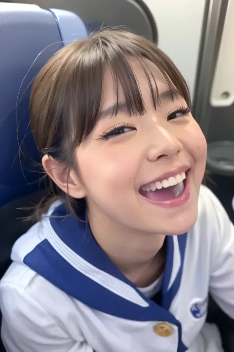  top quality, masterpiece,  super high resolution, (reality: 1.4),   original photo ,   cute Japanese girl , ,  matured, JK uniform in white , Happy smile, ,  crouching on the train seat,  Cinema Lighting, {pmbkk , }{ is present, }{ 1 girl, }{ mouth, |}{Al...