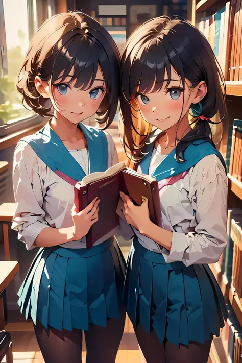 top quality、 high resolution、( high definition:1.2)、masterpiece、 detailed background、(Two age girls :1.4)、 brightly colored hair color 、 Braided Bob Cut 、 ponytail 、Quiet Library、 secretly taking selfies between bookshelves 、JK's holding a book in front o...