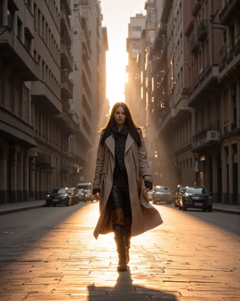 “A (photograph of a woman walking:1.1), (approximately 30 years old, Caucasian, long dark hair:1.2), wearing a (long beige coat and brown boots:1.2), walking down a (city street at dusk:1.1) with (tall buildings on both sides and wide sidewalks:1.1), the (...