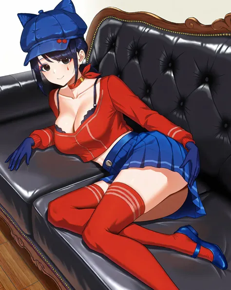 Cool Mita,solo,black eyes,blue hair,blue shoes,blue skirt,blue hat,side bangs,pleated skirt,blue gloves,red thighhighs,red sweater,low ponytail,long sleeves,cat hat,facial mark,red choker,animal hat,
collarbone,standing,side bangs,blue gloves,red thighhigh...