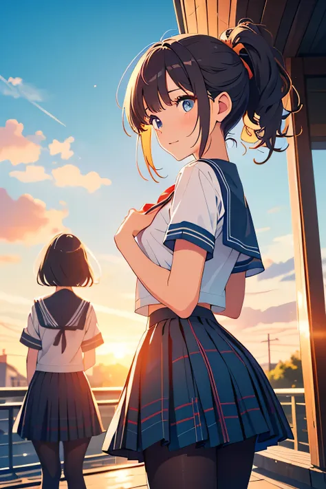  top quality、 high resolution、( high definition:1.2)、masterpiece、 detailed background、( 2 girls:1.4)、 big size、( Highly Detailed Face :1.2)、 brightly colored hair 、 braided bob cut 、 ponytail 、
 under the blue sky、 leaning against a fence on the roof of th...