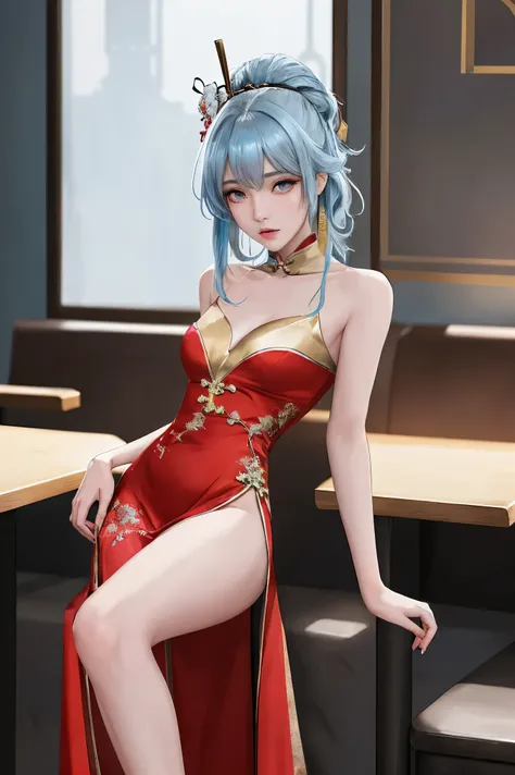 1 woman, sexy, anime, dignified, refined facial features, a strong long (thin) face with sharp features, medium perky breasts, long salon styled neon light blue hair with darker streaks, small shiny light gray eyes, brunette eyebrows, smokey eye makeup, we...