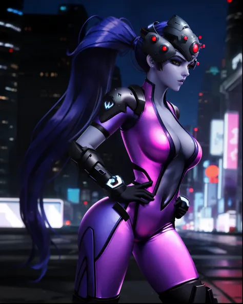 Widowmaker (from Overwatch) walking on the street in the night, beautiful sexy and athletic body, wearign a futuristic suit (cyberpunk), beautiful seductive look, seductive lips, city background, best ilumination, Animation, intrincate, perfect, focused, r...