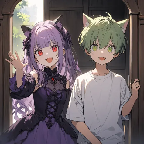 (A boy in a white shirt with green hair and green eyes), (A girl with cat ears in a purple gothic dress with purple hair and red eyes),In front of the entrance gate, (smile:0.6), She gives a small wave of her hand, She nods her head