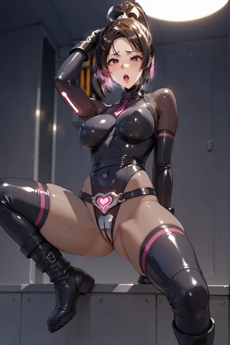 Mai Shiranui. Fallen. Black latex costume. Bodysuit. Leotard. Long gloves. Boots. Short hair. Thick legs. Pink tubes connected to the body. Milking machine. Vacuum cups on breasts. Massive legs. Two-handed peace sign. Breasts perky. Uterus tattoo. Chastity...