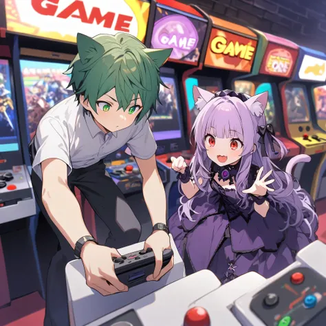 (A boy in a white shirt with green hair and green eyes), (A girl with cat ears in a purple gothic dress with purple hair and red eyes), (She points to one of the game consoles in the arcade), full body