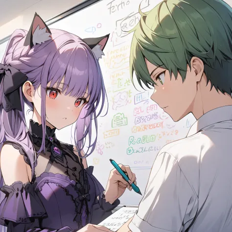 (A boy in a white shirt with green hair and green eyes), (A girl with cat ears in a purple gothic dress with purple hair and red eyes), ((writing on the whiteboard))