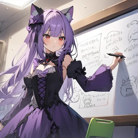 (A boy in a white shirt with green hair and green eyes), (A girl with cat ears in a purple gothic dress with purple hair and red eyes), ((writing on the whiteboard))