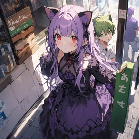 (A boy in a white shirt with green hair and green eyes), (A girl with cat ears in a purple gothic dress with purple hair and red eyes), ((They look up at the store signboard))