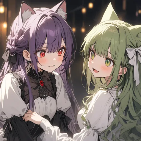 A  with green hair and green eyes in a white dress and a girl with cat ears in a gothic dress with purple hair and red eyes are enjoying a conversation