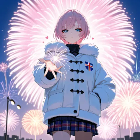 (8K, best quality, master piece:1.2),super high resolution,1 girl,solo,ultra-detailed face,detailed eyes,blue eyes,straight hair,pink hair,short hair,UK flag print Skirt,fur coat,Sweater,standing outdoors,put one hand chest,cowboy shot,looking at viewer,Ma...