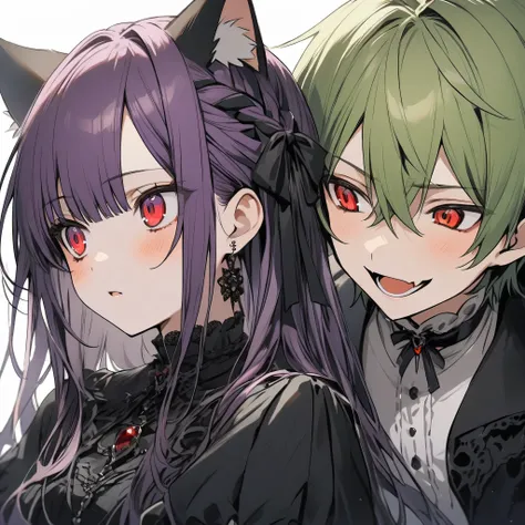 A boy with green hair and a cat-eared girl with purple hair and red eyes in a gothic dress are enjoying conversation