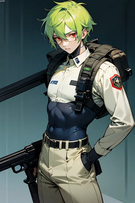 *Ethig is an  boy with Green hair, red eyes and white skin and wears glasses and wore a dark blue FBI police suit and a mini gun on his belt (anime version)*