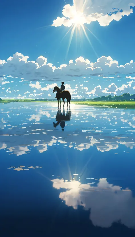 There's a man on a horse from behind, they looking each other there is a reflection of a sky in the water, a matte painting by Alena Aenami, pixiv, conceptual art, anime sky, anime atmospheric, anime landscape wallpaper, anime landscape, beautiful anime sc...