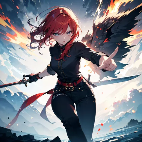 ((one male, handsome male, sharp golden eyes, androgynous face, bright red hair)), ((golden eyes, mysterious appearance, muscular, wearing disheveled black shirt, black skinny pants, red dual swords, dual-handed sword stance, precise sword stance, swordsma...