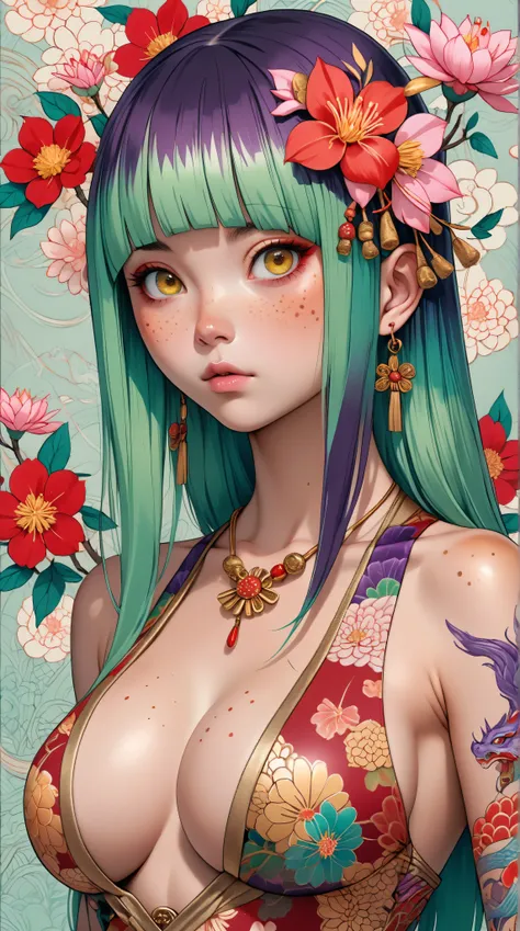 Kizi，Highly detailed, Amazing work，Vitreous luster,((clean backdrop))，In purple，(((reds)))，pink color，gold colour,  Best quality at best，plunging neckline, A mesmerizing surreal illustration of a young japanese woman. She has pastel green hair with blunt b...