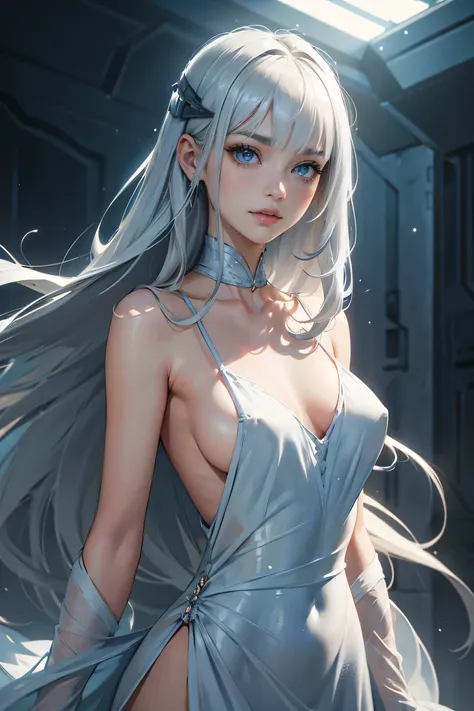 nsfw， high resolution、 anatomically accurate 、 top quality、 textured skin 、 8k octane 、

 long hair、bangs， Silver Hair、 Princess Cut， light blue eyes 、 moist eyes，Fair skin、Small face、 droopy eyes ，Turn slightly to the side、 shoulders are visible、 eyeliner...