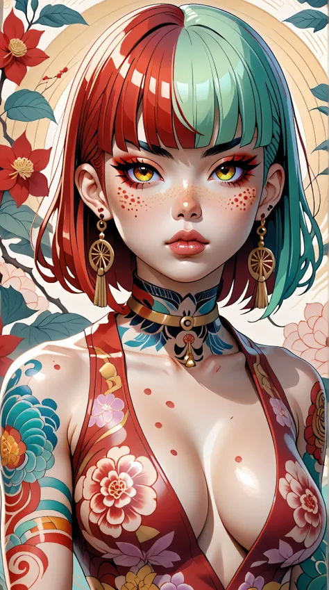 Kizi，Highly detailed, Amazing work，Vitreous luster,((clean backdrop))，In purple，(((reds)))，pink color，gold colour,  Best quality at best，plunging neckline, A mesmerizing surreal illustration of a young japanese woman. She has pastel green hair with blunt b...