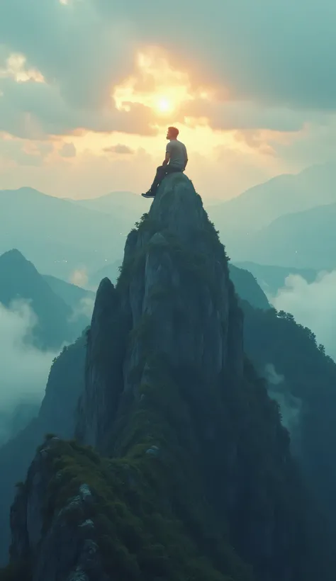  A person sitting on top of a mountain ,  with an expression of peace and satisfaction , while below there is symbolic chaos  ( like a busy city or a storm ).  The image conveys the idea of focusing on what really matters.