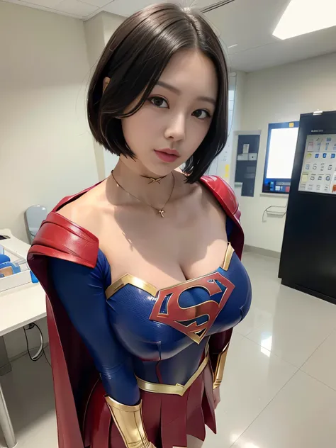 masterpiece、 latex supergirl costume 、 off shoulder、Ultra short hair、Big and rich breasts 、 Shiny Sweaty Skin 、 facing directly、 choker、Provocative cleavage、 Long Sleeve、Cape、Glamorous bare legs、 in front of laboratory equipment in hospital room、Close-up f...