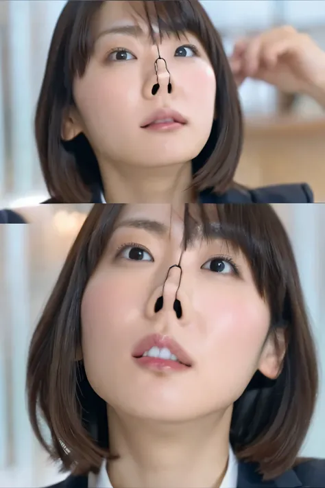  close-up of a Japanese woman in a suit and black tie, symmetrical face at school,Pretty Japanese woman,She is very,  expressive faces .  she is looking up at the ceiling., Angle view from below , close up of my nostrils , beautiful woman,Camera looking up...