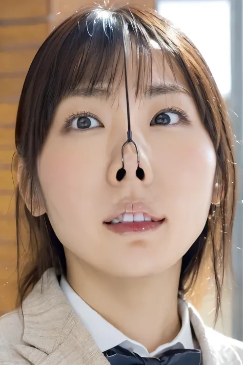  close-up of a Japanese woman in a suit and black tie, symmetrical face at school,Pretty Japanese woman,She is very,  expressive faces .  she is looking up at the ceiling., Angle view from below , close up of my nostrils , beautiful woman,Camera looking up...