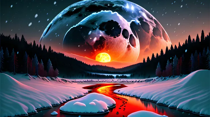 Red moon wallpaper with white snow and glowing river behind 4k vertical