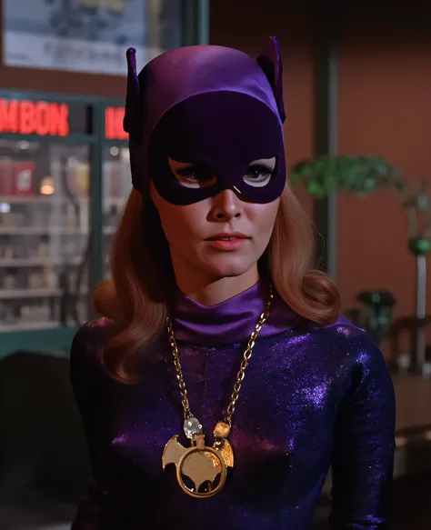 cinematic film still medium shot, portrait catwoman woman, background of  1960s \(style\) new york city street, nightime, shop signs, ads. shallow depth of field, vignette, highly detailed, high budget Hollywood movie, bokeh, cinemascope, moody, epic, gorg...