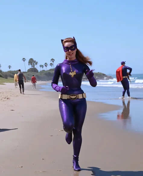 Front view. Full tall slim body. Ultrarealistic, ((high resolution)), (( running along a beach escaping of two muscle guys)) with shocked expresssion , hairstyle ponytail. Very young Lynda Carter, saggy tear-drop breasts, very small waist, tall hourglass b...