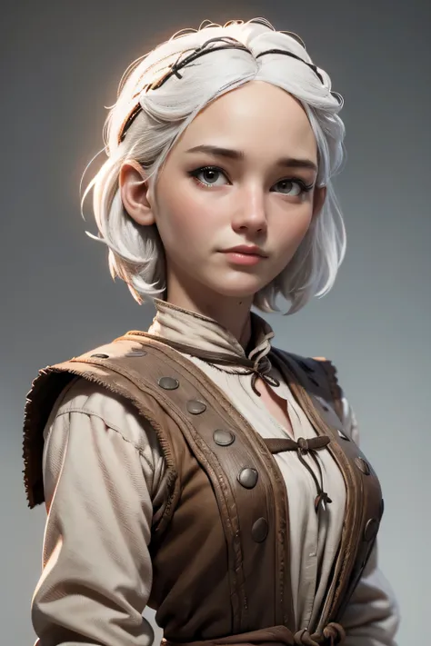Peasant woman from " Game of Thrones", short white hair, brown eyes,  safe expression, Iluminación natural,  ultra resolution ,  plain white background , without patterns, No textures.