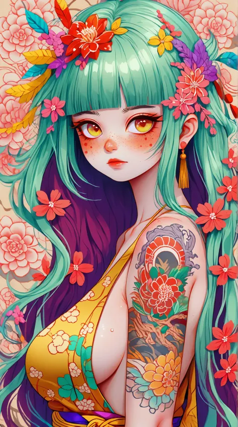 Kizi，Highly detailed, Amazing work，Vitreous luster,((clean backdrop))，In purple，(((reds)))，pink color，gold colour,  Best quality at best，plunging neckline, A mesmerizing surreal illustration of a young japanese woman. She has pastel green hair with blunt b...