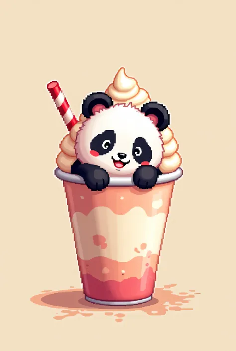 Cute baby panda inside a milkshake cup in pixel