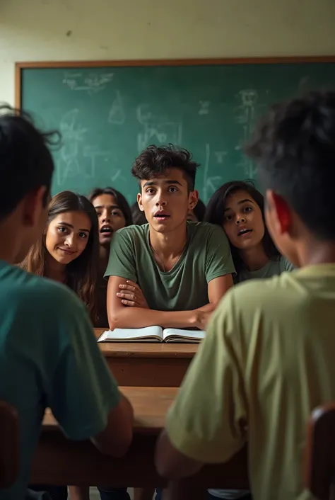 a age boy tells his group of age friends in the classroom, telling a horror story, Mexican youths, expressions of surprise, fear, disbelief