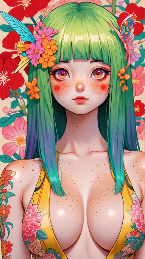 Kizi，Highly detailed, Amazing work，Vitreous luster,((clean backdrop))，In purple，(((reds)))，pink color，gold colour,  Best quality at best，plunging neckline, A mesmerizing surreal illustration of a young japanese woman. She has pastel green hair with blunt b...