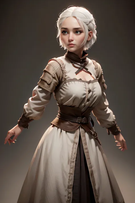 Peasant woman from " Game of Thrones", short white hair, brown eyes,  Dynamic Pose ,  safe expression, Iluminación natural,  ultra resolution ,  plain white background , without patterns, No textures.