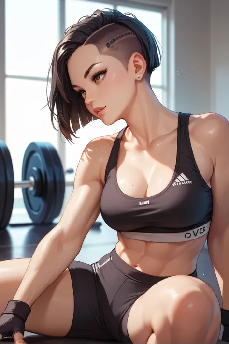 Woman, brown eyes, short black hair (sidecut), defined body. She is in a room with some workout equipment.