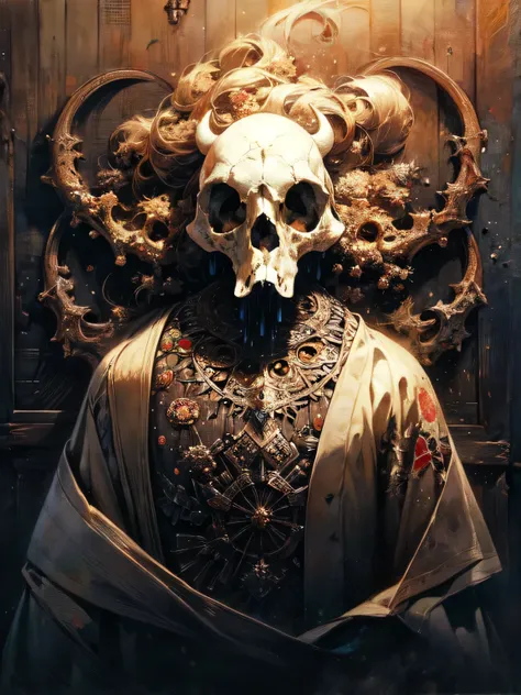 Alone,upperbody,cow skull head,black robe,Black magic ritual, best quality, top quality, best quality, like a painting, watercolor painting style, The Art of Mathematics, Official Art, Masterpiece, beautiful, ((watercolor)), paint splashes, complex details...