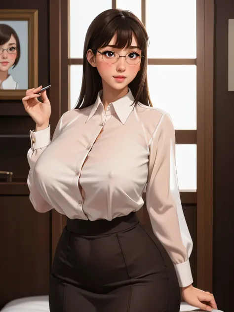 (highres, high quality:1.3), intricate details, cinematic lighting, sharp focus, depth of field,
KuroseKatsuko, mature female, looking at viewer, standing, white background, siple background,
Sensual face, blush,
brown long hair no bangs, makeup, lipstick,...