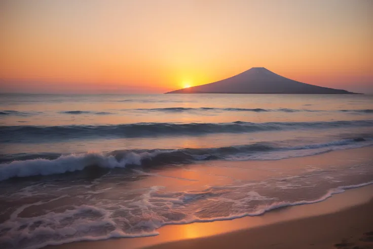  Orange in the Sky 、 pink girlfriend 、Yellow mix、 A spectacular sunset on the beach 。  The water is crystal clear  、Gently kiss the shore 、 The white sand beach is endless、break、Mt .Fuji