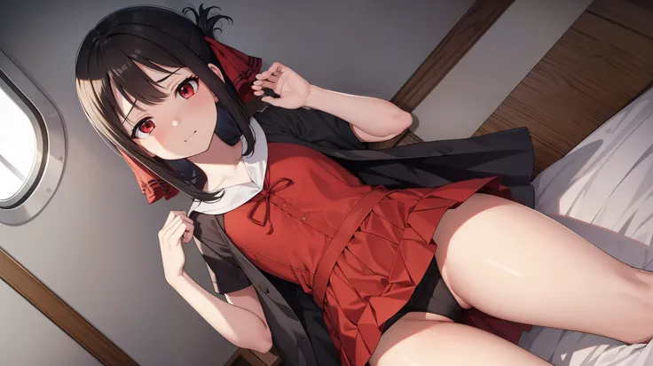 Kaguya-shinomiya,  I want to tell you Kaguya-sama,  showing pussy alone , amount, hair ribbon, ( red eyes), red ribbon, ribbon,  short hair,  side lock,
break black  dress ,  dress , pinafore  dress ,  school uniform,  shirt, Short sleeve, shuuchiin academ...